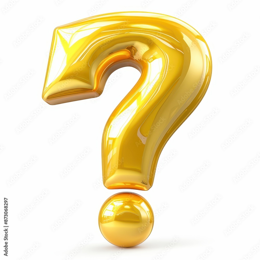 Glossy golden question mark symbol isolated on white background, representing uncertainty, inquiry, or curiosity.