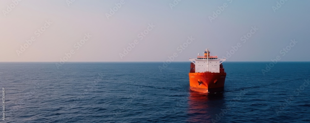 Fototapeta premium Cargo Ship Sailing on Calm Ocean Waters at Sunset