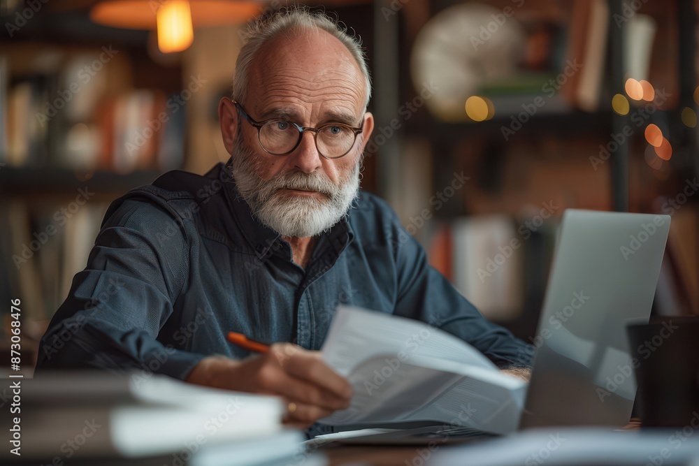 Close-up of a financial advisor meticulously planning with documents and a laptop, intense focus, captured in Documentary Photography style Close-up of a financial advisor meticulously planning with documents and a laptop, intense focus, captured in Documentary Photography style