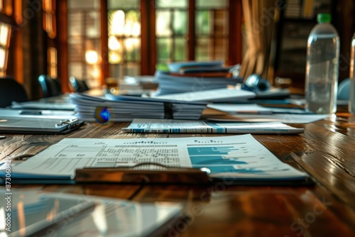 Wallpaper Mural close-up of a conference table filled with documents, papers scattered around, intense meeting atmosphere, documentary photography style Torontodigital.ca