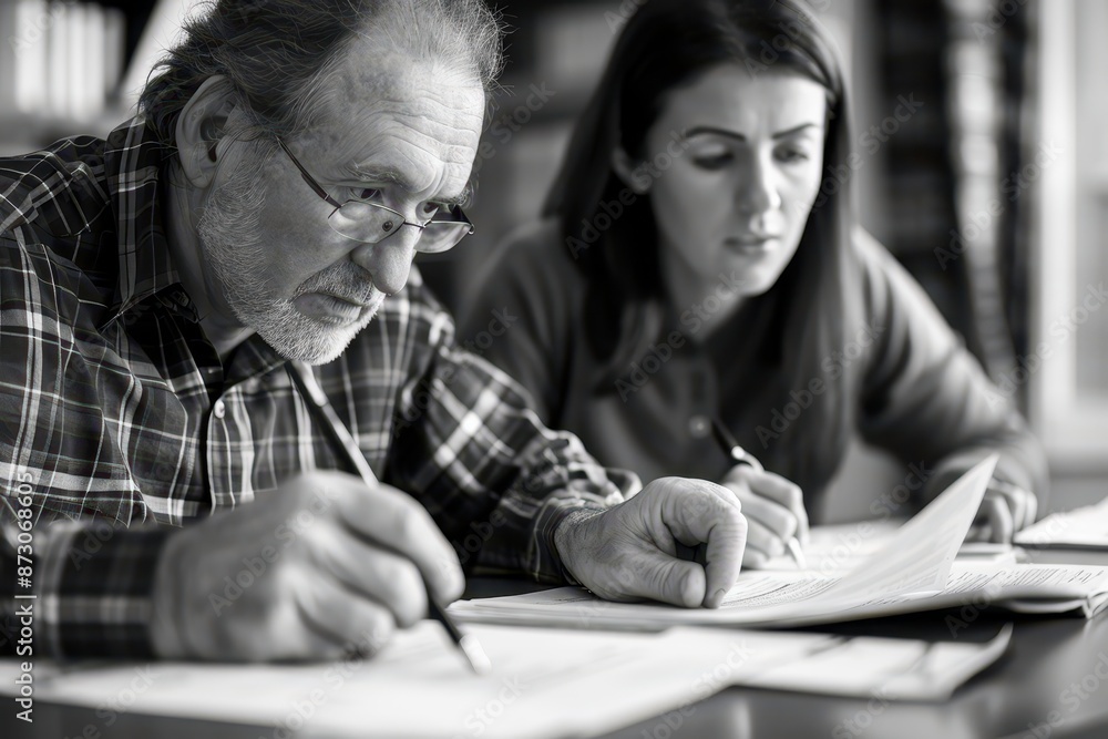 Close-up of a tax consultation session, advisor and client reviewing tax documents, intense focus, captured in Documentary Photography style Close-up of a tax consultation session, advisor and client reviewing tax documents, intense focus, captured in Documentary Photography style