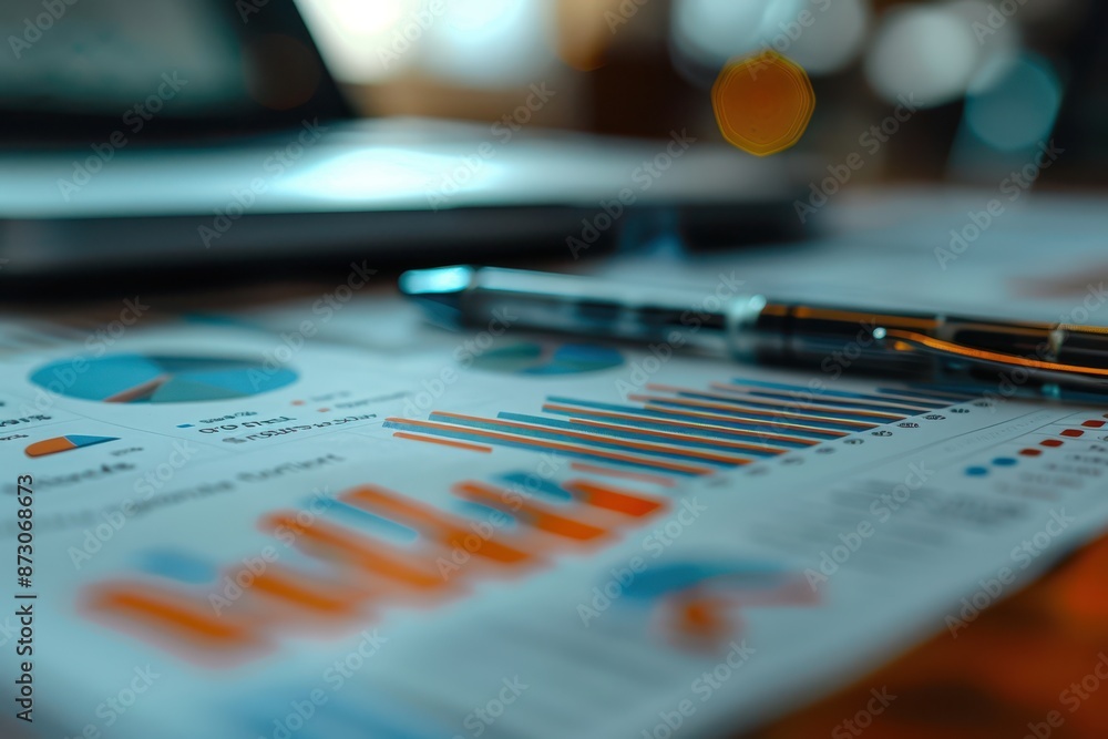 Close-up of financial documents with graphs and charts, intense focus, captured in Documentary Photography style Close-up of financial documents with graphs and charts, intense focus, captured in Documentary Photography style