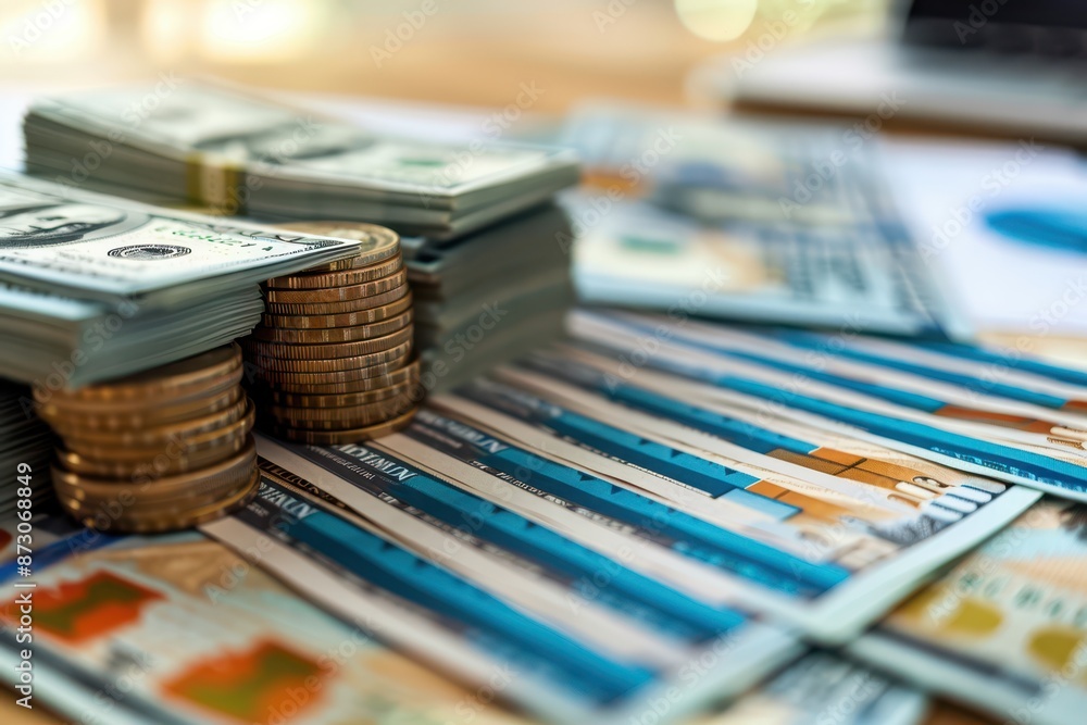 Close-up of financial wealth management, stacks of cash, investment portfolios, and graphs, intense focus, captured in Documentary Photography style Close-up of financial wealth management, stacks of cash, investment portfolios, and graphs, intense focus, captured in Documentary Photography style