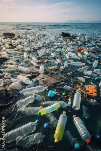 Ocean pollution caused by plastic bottles and microplastics