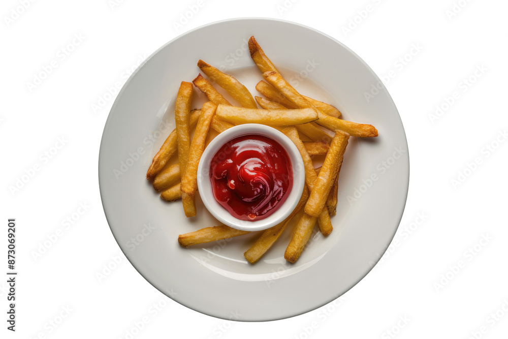 French fires on white plate with ketchup isolated on transparent background French fires on white plate with ketchup isolated on transparent background