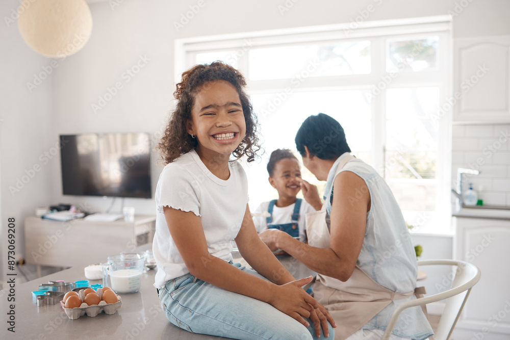 Fototapeta premium Girl, portrait and family for baking together in kitchen, learning and love for cooking. Female person, helping and education for child development, grandma and bonding in home with weekend pastry