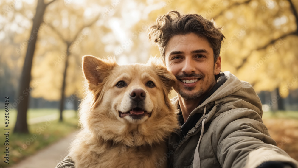 Image of a man in a jacket and a dog on a walk and taking a selfie against the backdrop of an autumn park Image of a man in a jacket and a dog on a walk and taking a selfie against the backdrop of an autumn park