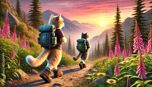 Two adventurous cats wearing small backpacks and hiking boots, trekking along a scenic mountain trail at sunrise. They walk single file on a narrow path, surrounded by vibrant wildflowers, pine trees