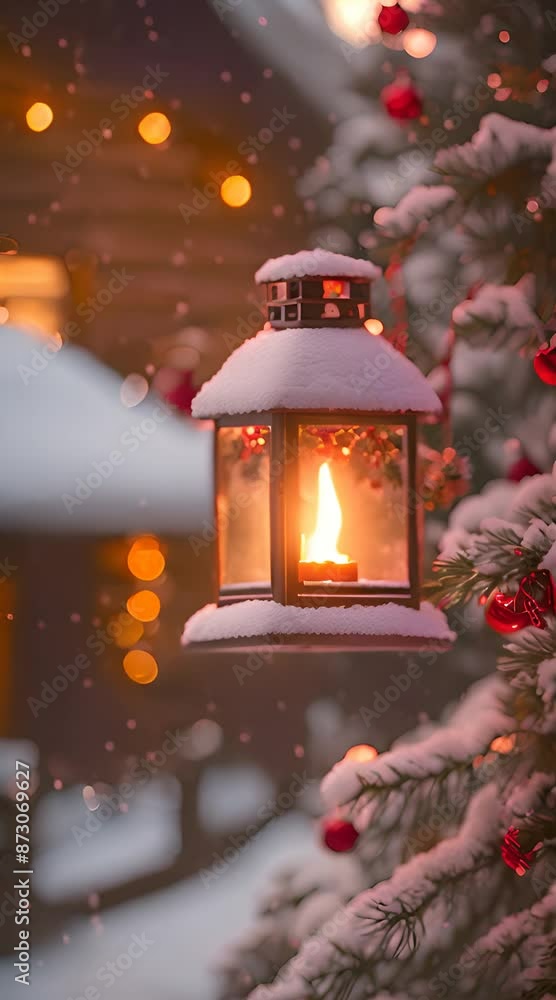 A glowing Christmas candlelight lantern, adorned with holly and red ribbons, sits on a snow-covered pine branch A glowing Christmas candlelight lantern, adorned with holly and red ribbons, sits on a snow-covered pine branch