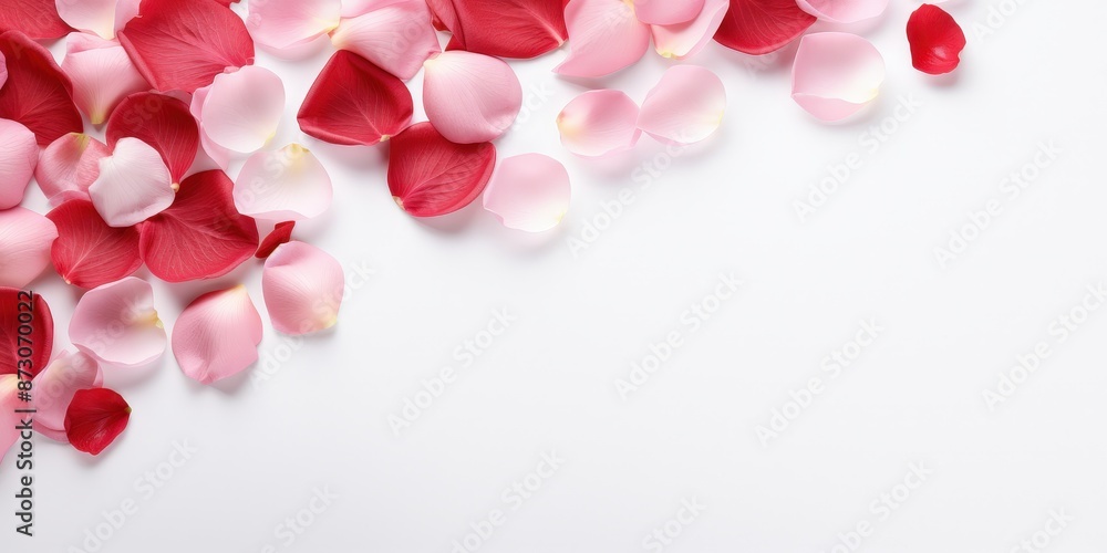 Pink and Red Rose Petals Scattered on White Background Pink and Red Rose Petals Scattered on White Background