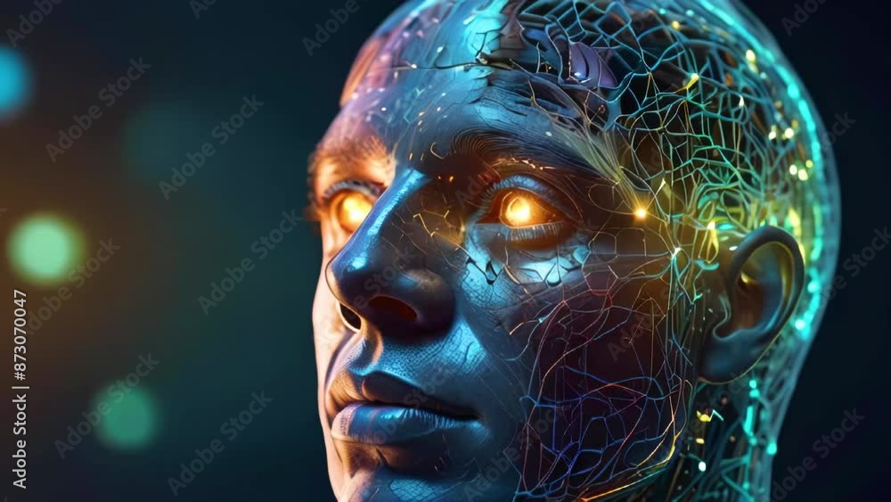 Model of glowing head with illuminated neural connections in brain ...
