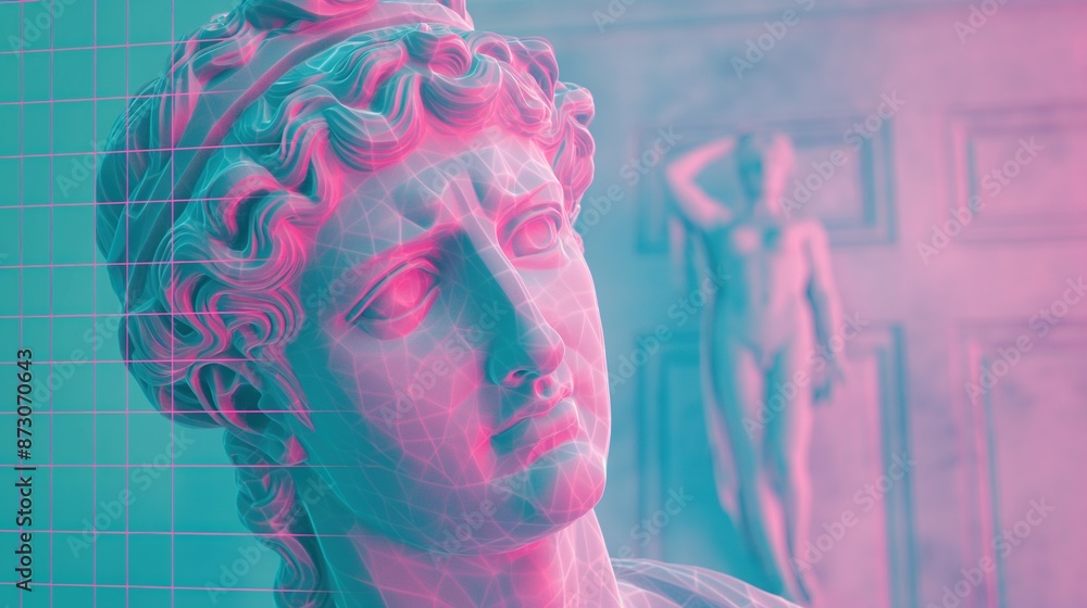 Naklejka premium Vaporwave Classical Statues, Digital Grid.