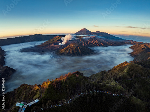 Aerial drone view of Bromo active volcano with Kingkong hill viewpoint, Tengger Semeru national park, East Java, Indonesia