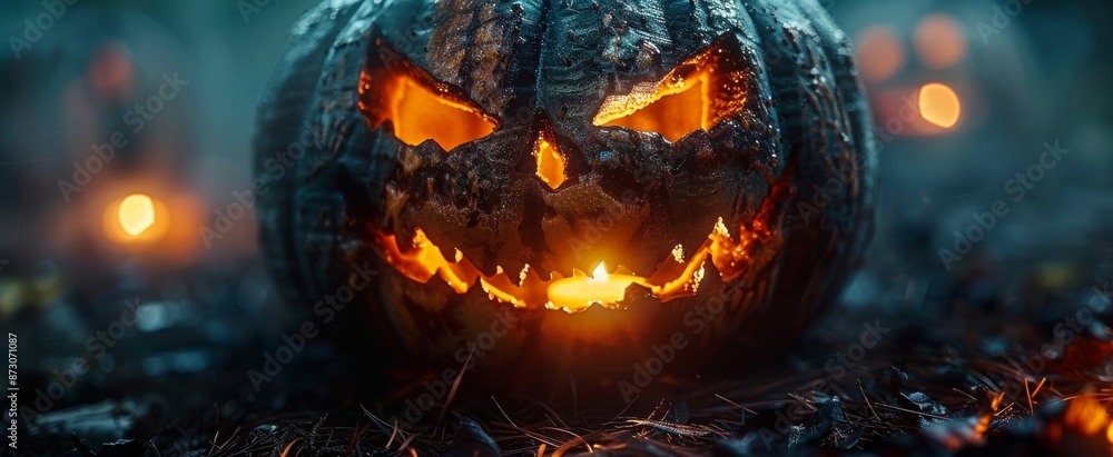 Banner with Halloween pumpkin with a lit candle inside, capturing the warm glow and the intricate shadows cast by the carving Banner with Halloween pumpkin with a lit candle inside, capturing the warm glow and the intricate shadows cast by the carving