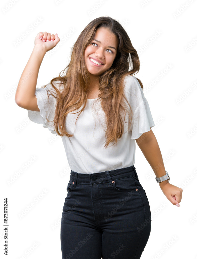 Young beautiful brunette business woman over isolated background Dancing happy and cheerful, smiling moving casual and confident listening to music Young beautiful brunette business woman over isolated background Dancing happy and cheerful, smiling moving casual and confident listening to music