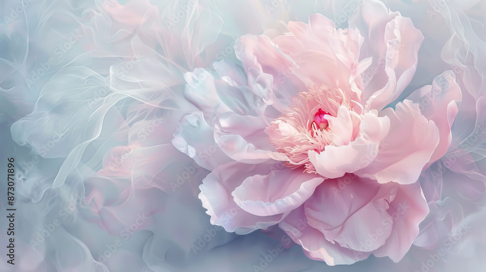 A delicate peony in full bloom against a pastel and soft background. A delicate peony in full bloom against a pastel and soft background.