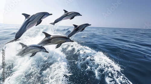Dynamic Dolphin Pod Leaping in Blue Water © AnimalAI