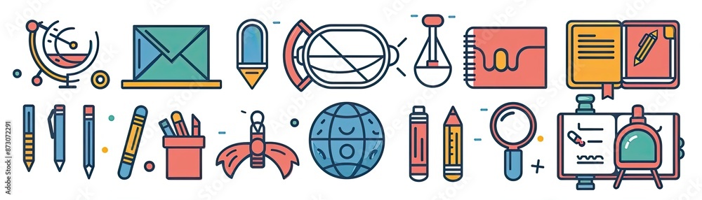 Colorful various school and office supplies, including books, pens, pencils, globe, and magnifying glass. Colorful various school and office supplies, including books, pens, pencils, globe, and magnifying glass.