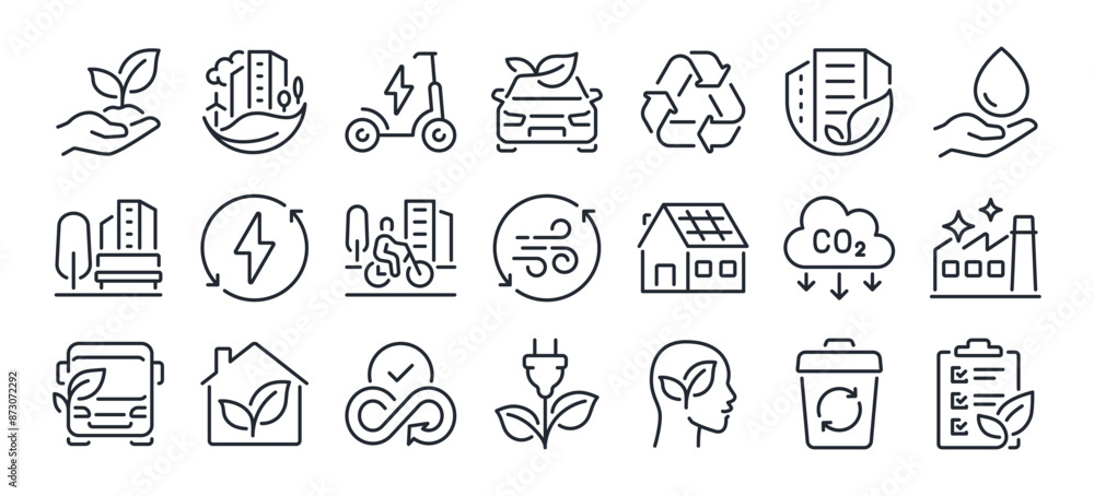 Fototapeta premium Green city editable stroke outline icons set isolated on white background flat vector illustration. Pixel perfect. 64 x 64.