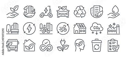 Green city editable stroke outline icons set isolated on white background flat vector illustration. Pixel perfect. 64 x 64.