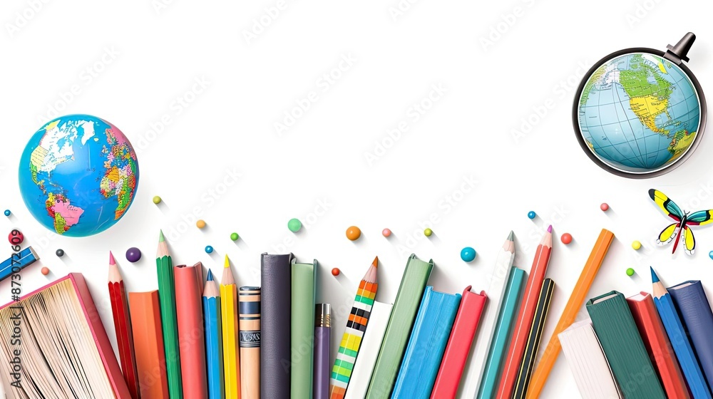 Fototapeta premium Colorful school supplies including books, pencils, and a globe on a white background, perfect for education-themed designs and projects.