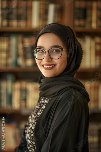 Adult Arab Librarian woman, in a library with glasses, smiling and inviting to come