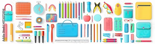 Colorful stationery and office supplies neatly arranged on a white background. Includes pens, notebooks, scissors, and other office essentials.