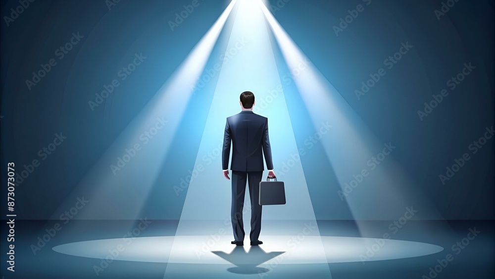 Business recruitment or hiring vector concept. Looking for talent. Business man standing in spotlight or searchlight looking for new career opportunities. Eps10 vector illustration. Business recruitment or hiring vector concept. Looking for talent. Business man standing in spotlight or searchlight looking for new career opportunities. Eps10 vector illustration.