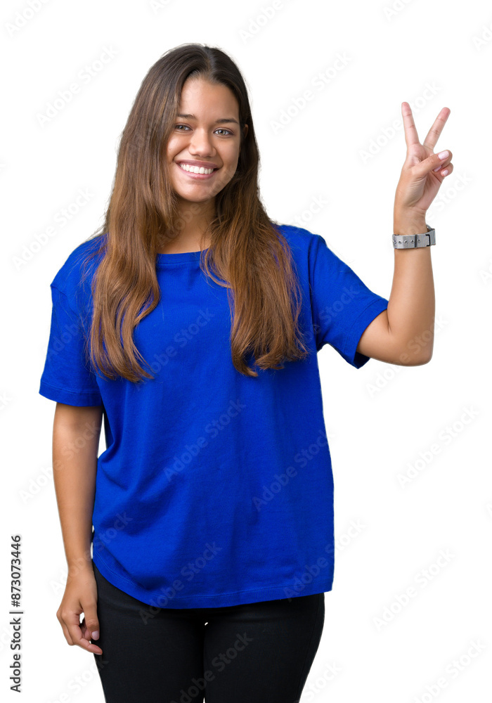 Young beautiful brunette woman wearing blue t-shirt over isolated background smiling with happy face winking at the camera doing victory sign. Number two. Young beautiful brunette woman wearing blue t-shirt over isolated background smiling with happy face winking at the camera doing victory sign. Number two.