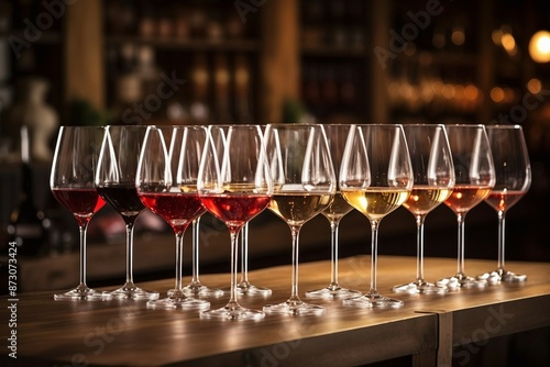 Row of Wine Glasses Showcasing a Range of Red and White Wines against a Cozy Backdrop. Generative AI