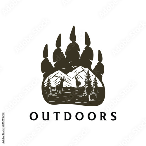Bear logo emblem vector illustration silhouette for shirt or print stamp. Summer camp. Vector. Concept for shirt or patch, print, stamp. Vintage typography design with rv trailer