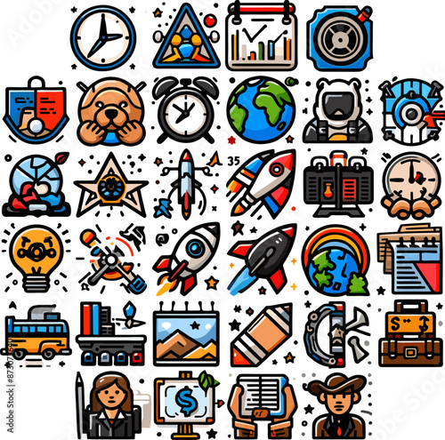 set of icons containing colorful innovation, technology, rocket and more
