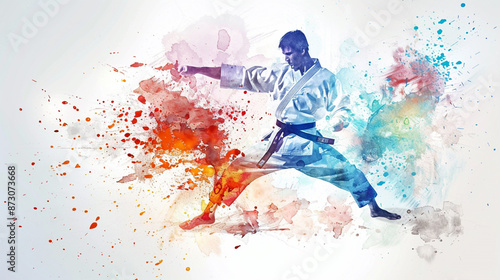 Martial arts of various sports or skills, mainly of Japanese origin, developed as forms of self-defense or attack, like judo, karate and kendo. Watercolor, multicolor paint splash