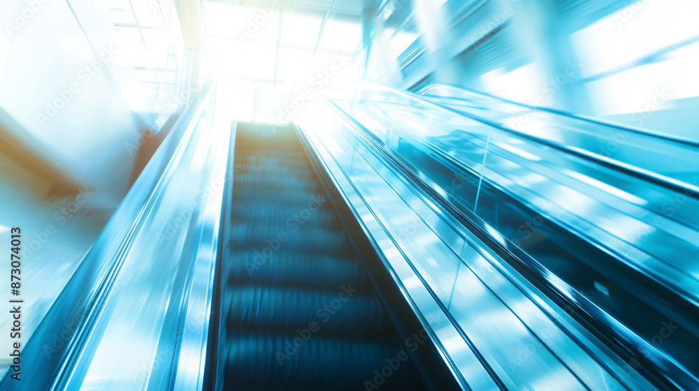 A blurred background depicting a metro escalator, showcasing the movement and infrastructure of a city subway system against a light blue background. A blurred background depicting a metro escalator, showcasing the movement and infrastructure of a city subway system against a light blue background.