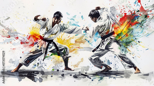 Martial arts of various sports or skills, mainly of Japanese origin, developed as forms of self-defense or attack, such as judo, karate and kendo. Watercolor, colorful paint splash