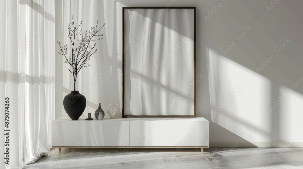 Modern living room with large empty frame, white sideboard, black vase, sunlight through sheer curtains, minimalist design, neutral tones. Modern living room with large empty frame, white sideboard, black vase, sunlight through sheer curtains, minimalist design, neutral tones.