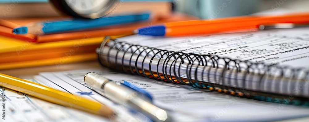 Close-up of colorful school supplies and notebooks on a desk, perfect for education and organization themes. Close-up of colorful school supplies and notebooks on a desk, perfect for education and organization themes.