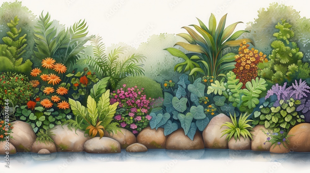 Beautiful botanical illustration of a lush garden with diverse flower and plant species, vibrant colors, and a peaceful atmosphere. Beautiful botanical illustration of a lush garden with diverse flower and plant species, vibrant colors, and a peaceful atmosphere.