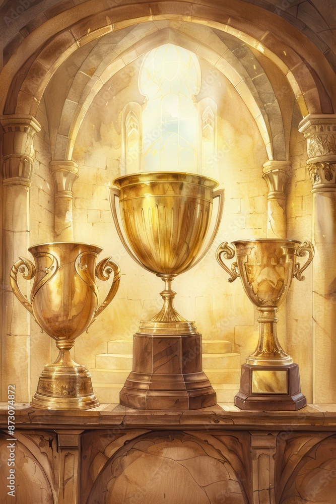 © ItziesDesign - Golden trophies displayed on a stone shelf in a beautiful arched setting, representing achievement and success. © ItziesDesign - Golden trophies displayed on a stone shelf in a beautiful arched setting, representing achievement and success.
