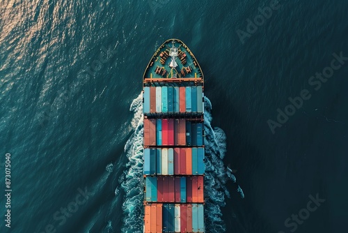 A cargo ship carrying numerous containers sails across a vast ocean, photographed from a high angle perspective. Generative AI