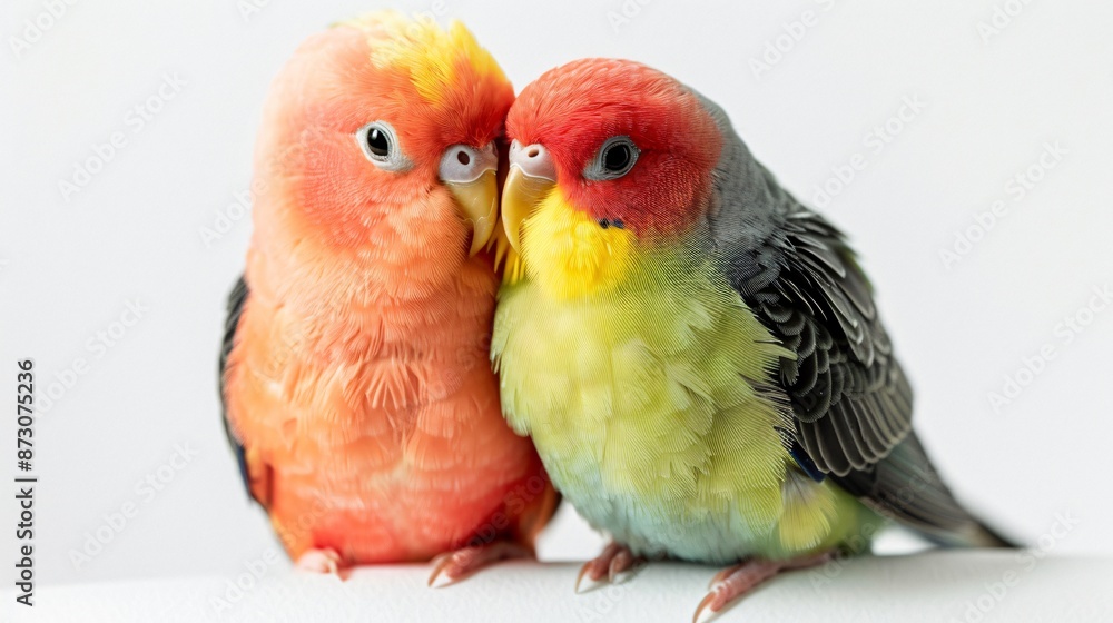 Obraz premium Tender Love: Beautiful Lovebirds Posed Closely in Professional Studio on White Background