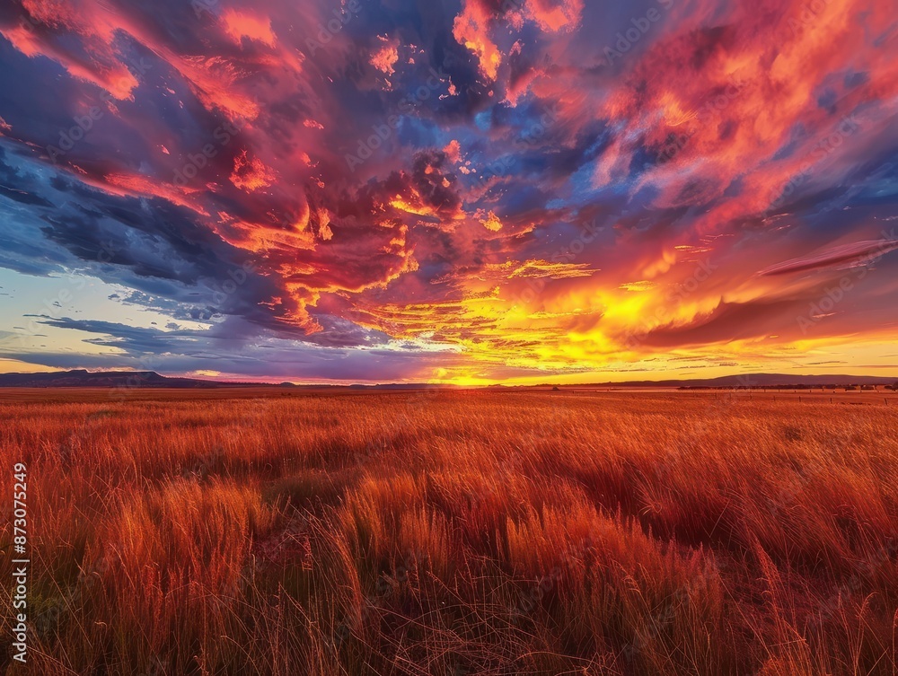 Fototapeta premium Stunning Sunset Over Golden Field in Santa Fe, New Mexico - Vibrant Sky and Dramatic Clouds Creating Majestic Atmosphere