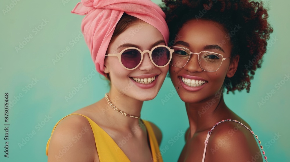 Two Women with dark glasses smiling modeling Two Women with dark glasses smiling modeling