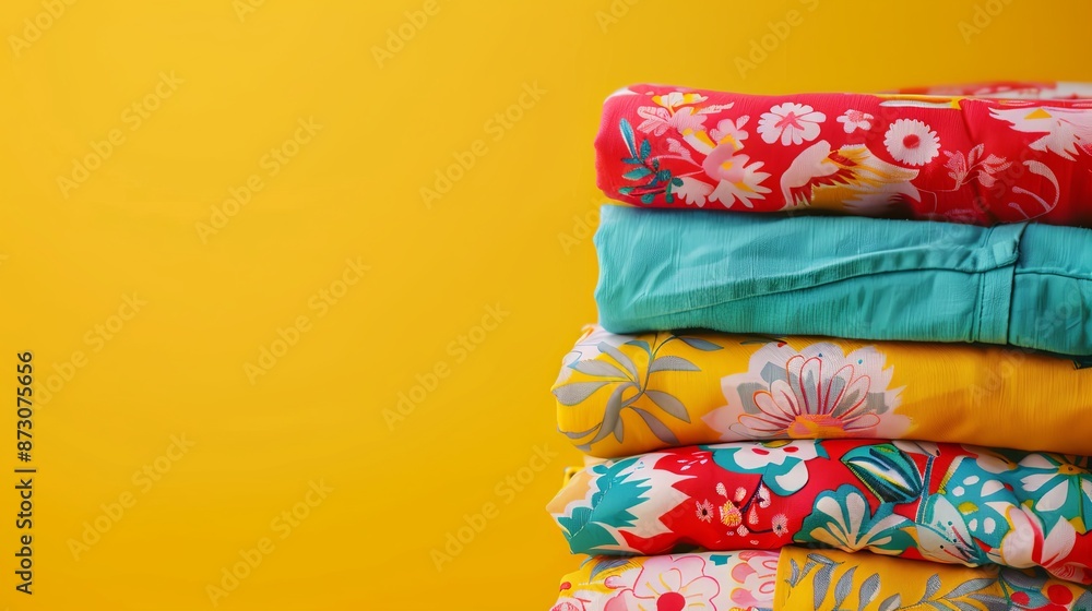 Summer colorful clothes are stacked on top of each other. Place for the text Summer colorful clothes are stacked on top of each other. Place for the text