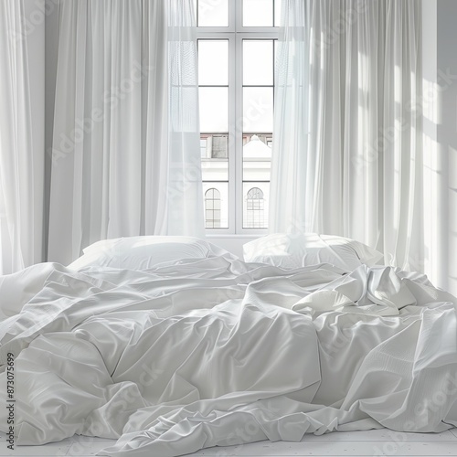 white bedroom with pillow blanket white curtain and window ,white cozy room conept,Large comfortable bed in light room.