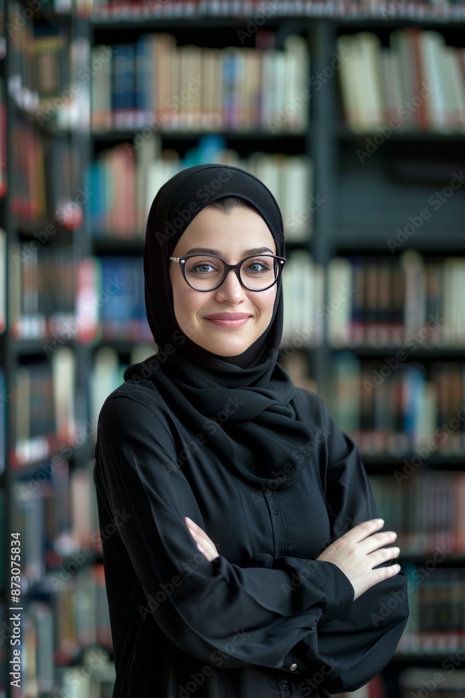 Adult Arab Librarian woman, in a library with glasses, smiling and inviting to come Adult Arab Librarian woman, in a library with glasses, smiling and inviting to come