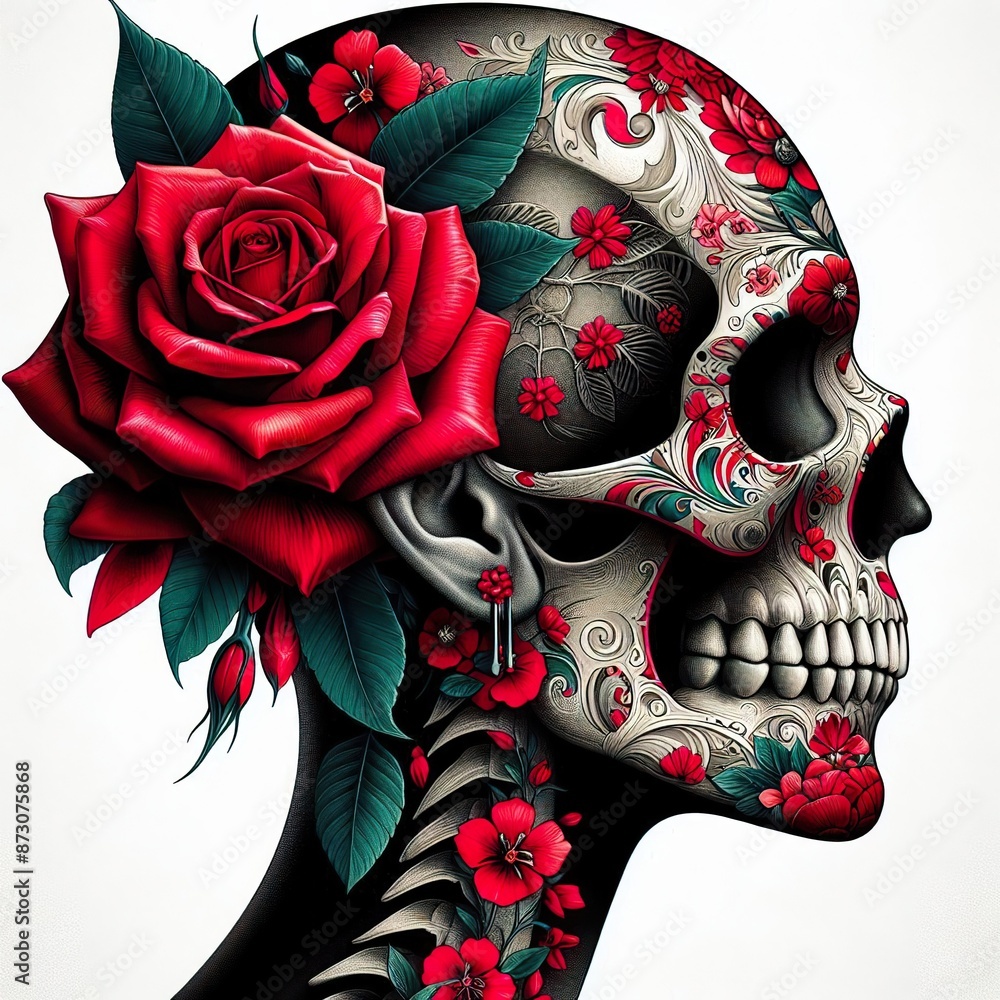 Fototapeta premium a surreal portrait combining elements of life and death, featuring a skull with floral motifs and vibrant red flowers