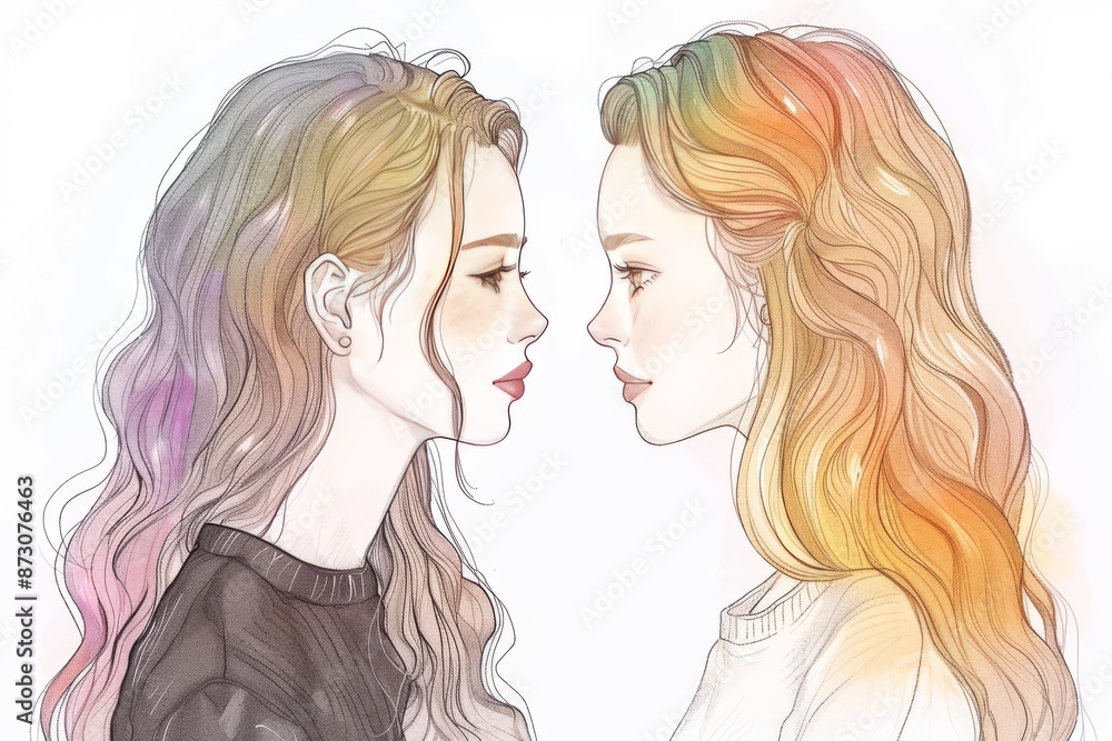 Tender illustration of two women with pastel hair, soft and delicate, modern and emotional, digital art Tender illustration of two women with pastel hair, soft and delicate, modern and emotional, digital art