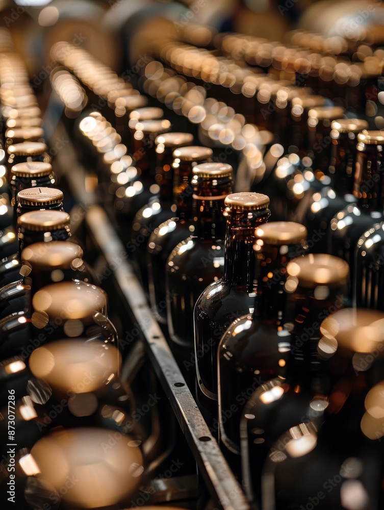 A row of wine bottles with gold tops are lined up on a table A row of wine bottles with gold tops are lined up on a table