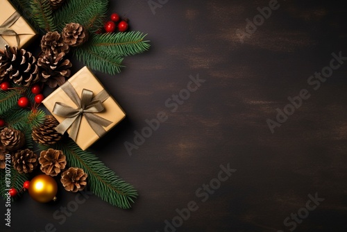 Christmas composition with fir tree branches pine cones gift boxes tag and ribbons Flat lay with blank copy space with generative ai